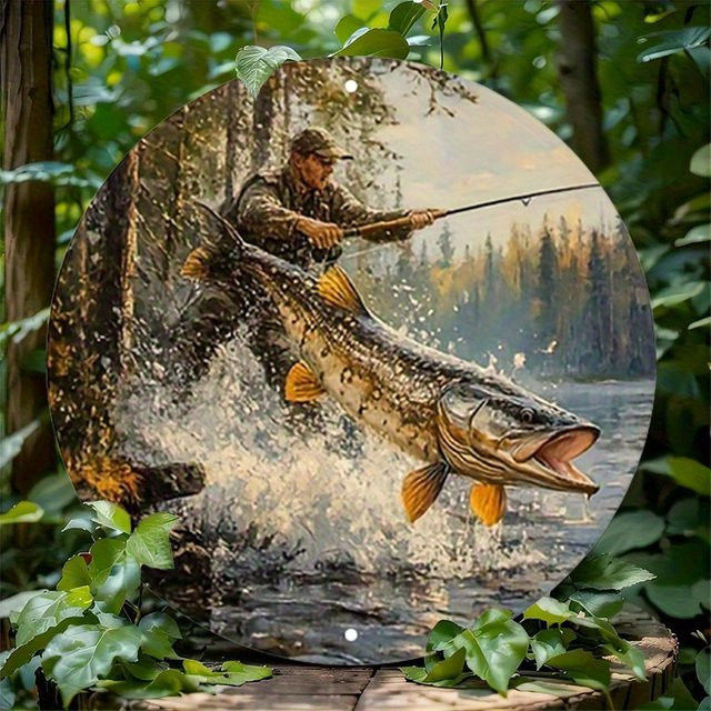 Rustikales Fischer Rundschild aus Aluminium von Potdemiel mit Big Fish River Forest Wandkunst zur Wandmontage - Bild 1