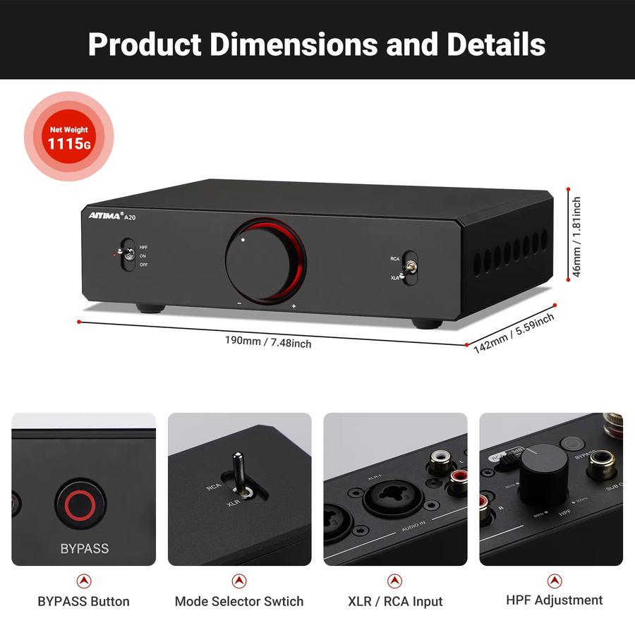 AIYIMA A20 HPF Stereo-Leistungsverstärker mit PFFB Hochpassfilter, TPA3255 HiFi 2.0 Audio-Verstärker, 300Wx2, Schwarz - Bild 3