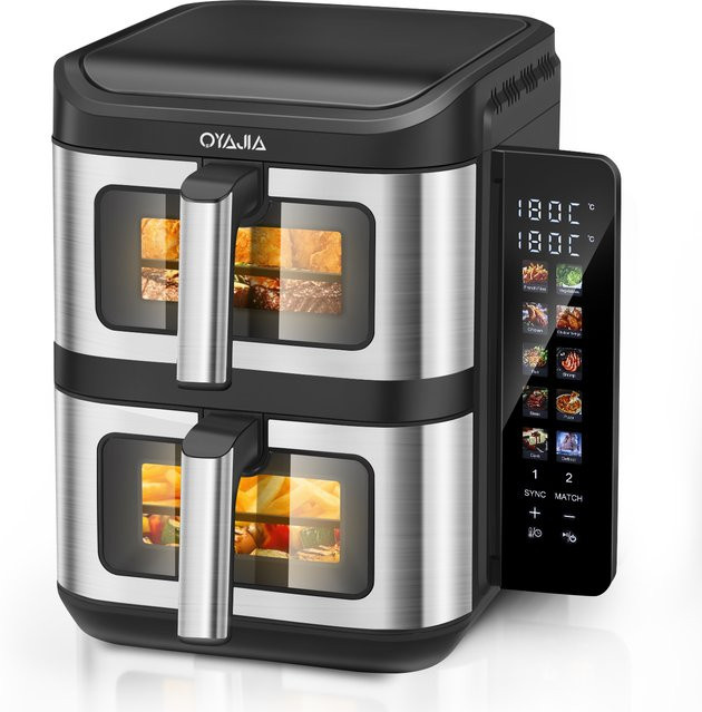 Oyajia XXL Heißluftfritteuse mit Doppelkammer, 11 Liter, Edelstahl, Silber/Schwarz, 2800W mit digitalem Farb-Touch-Display und Timer - Bild 1