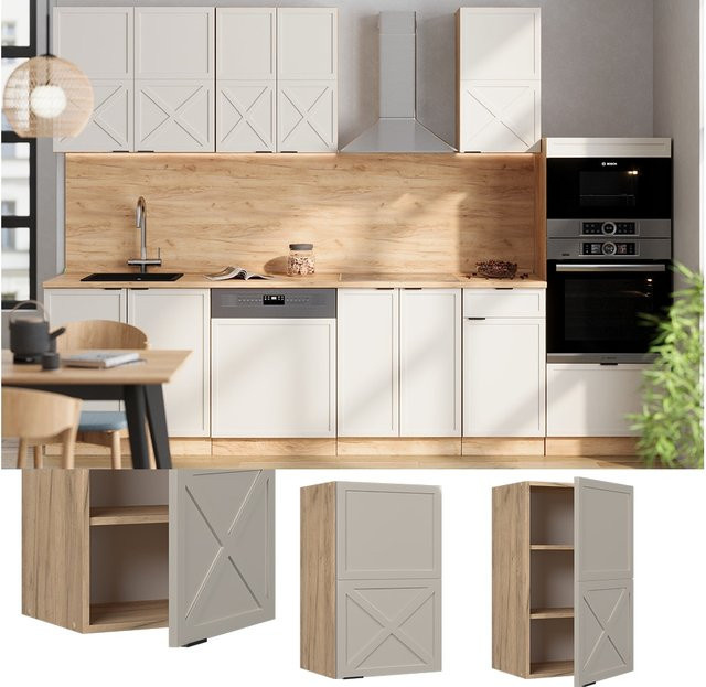 Vicco Hängeschrank Fame-Line in Eiche mit Grau-Beige Rahmen, Wandmontage mit Soft-Close-Scharnieren und Regalböden - Bild 1