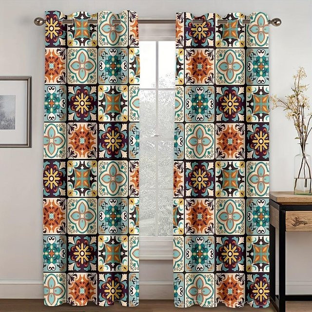 Yiran Furniture Bohemian Art Vorhänge mit traditionellem Design, 2er-Set, halbtransparent, Mehrfarbig, B: 50 cm, H: 100 cm - Bild 1