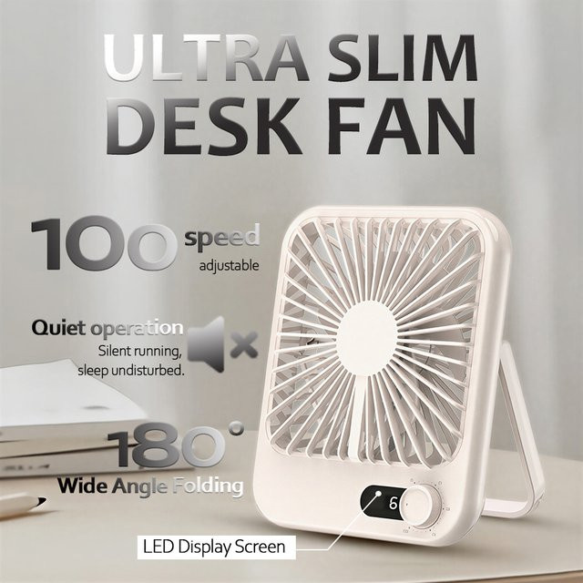 HAOYUNMA Ultraflacher Tischventilator in Pink mit 100 stufenloser Geschwindigkeit, LED-Display und 180 Grad verstellbar, USB-Betrieb und wandmontierbar - Bild 1