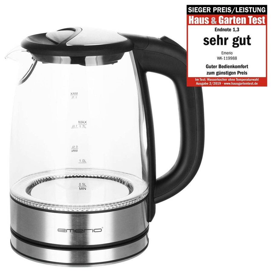 Emerio Glas-Wasserkocher in Schwarz und Transparent mit 1,7 l Fassungsvermögen und Kalkfilter - Bild 3