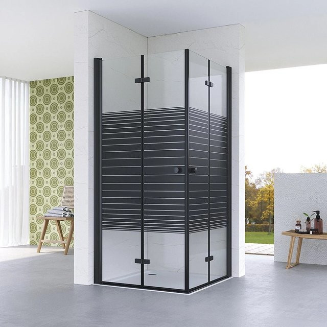 Aquabatos Eckdusche Eckeinstieg mit Falttüren in Schwarz mit Glasdekor, Höhe: 187 cm, Breite: 70-120 cm - Bild 1
