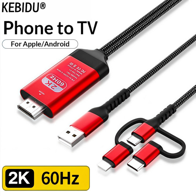 Kebidu 3 in 1 Adapterkabel von Micro USB und USB-C auf HDMI für iPhone, iPad, Samsung und Android Geräte in Rot - Bild 1