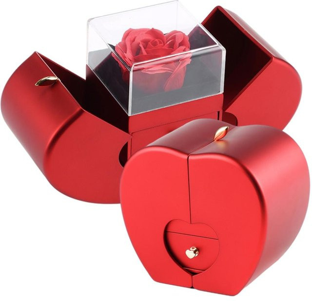 TOMTOP JMS Schmuckbox in Herzform, rote Rosenblumenbox aus Kunststoff für Eheringe, Halsketten und Armbänder - Bild 1