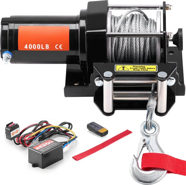 SucceBuy Elektrische Winde mit 39ft Stahlseil und kabelloser sowie kabelgebundener Fernbedienung in Schwarz für ATV/UTV und LKWs mit 4000 lbs Zugkraft - Bild 1