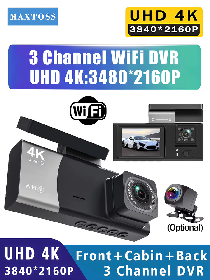 Maxtoss 3-Kanal 4K Dash Cam mit integriertem Wifi, 2160P Auto DVR mit Super Nachtsicht und 24H Parkmodus, inklusive Rückfahrkamera, Schwarz - Bild 7