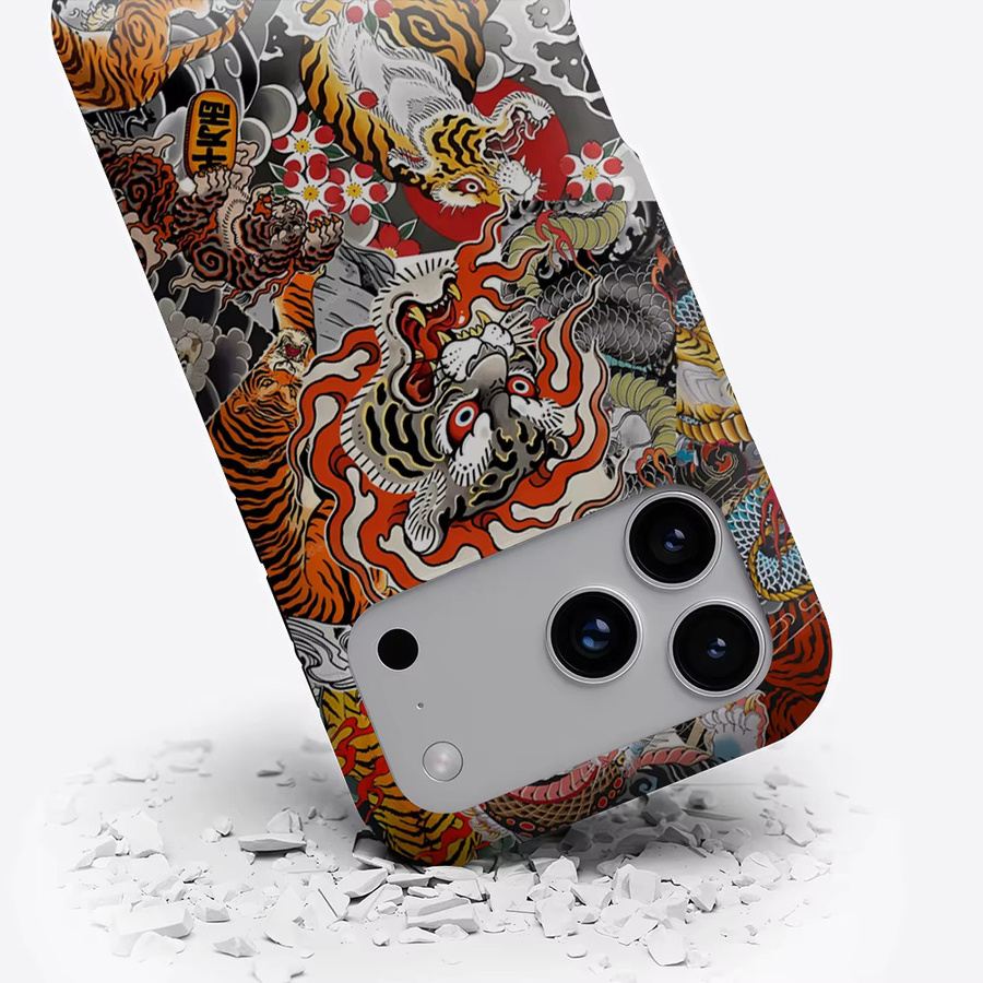 Potdemiel Magnetische Handyhülle mit Japanischer Tiger- & Drachen-Collage für iPhone 17 16 15 14 13 Pro Max Plus, Mehrfarbig, Robuste Einzel- & Doppelschicht-Hülle - Bild 3