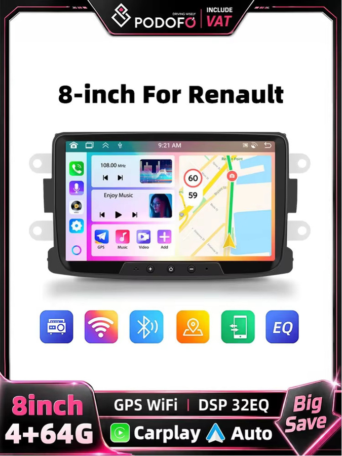 Podofo 2DIN Android Autoradio mit 4+64GB Speicher, Carplay und GPS für Renault Dacia Duster Sandero Logan Dokker in Schwarz - Bild 5