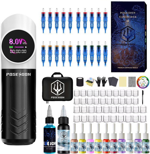 Poseidon Tattoo Kit mit Panda Tattoo Stift und drahtlosem Netzteil - Bild 1