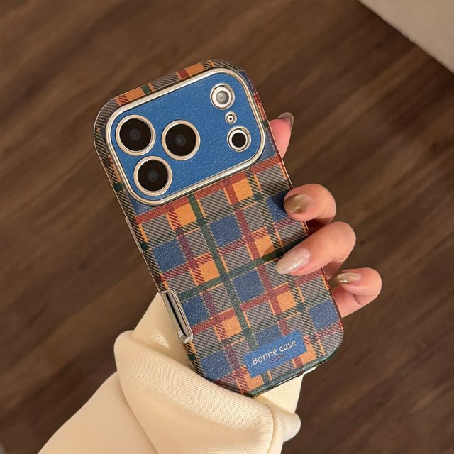 Potdemiel Handyhülle mit koreanischem Gittermuster und Ledertextur für iPhone 11 bis iPhone 17 Pro Max Plus, stoßfestes Softcover in Multicolour - Bild 1