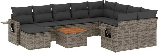 vidaXL 11-teilige Garten-Sofagarnitur aus Poly-Rattan und Akazienholz in Grau mit Kissen - Bild 1