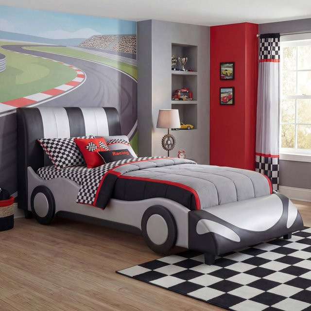 MCW Kinderbett MCW-E14 im Autodesign mit Lattenrost, Schwarz-Silber, B: 100 cm, T: 190 cm - Bild 1