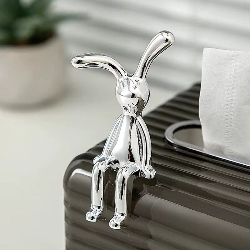Set aus 2 dekorativen Kaninchen-Statuen im Cartoon-Stil, silberfarbene Tischdekoration für Wohnzimmer, Schlafzimmer oder Auto - Bild 4