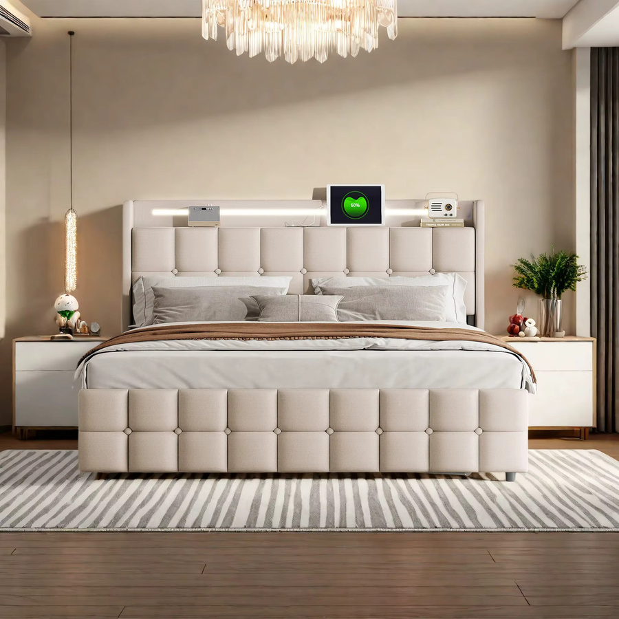 Rosahqnda Doppelbett mit LED, USB und 4 Schubladen, gepolstertes Stauraumbett aus Leinen in Beige - Bild 2