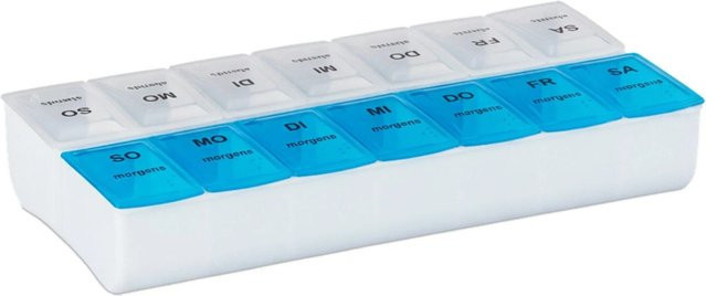 Relaxdays Tablettenbox aus Kunststoff in Weiß und Blau mit 7 Tagen und 2 Fächern, B/T/H: 18,5 x 9,5 x 3 cm - Bild 1