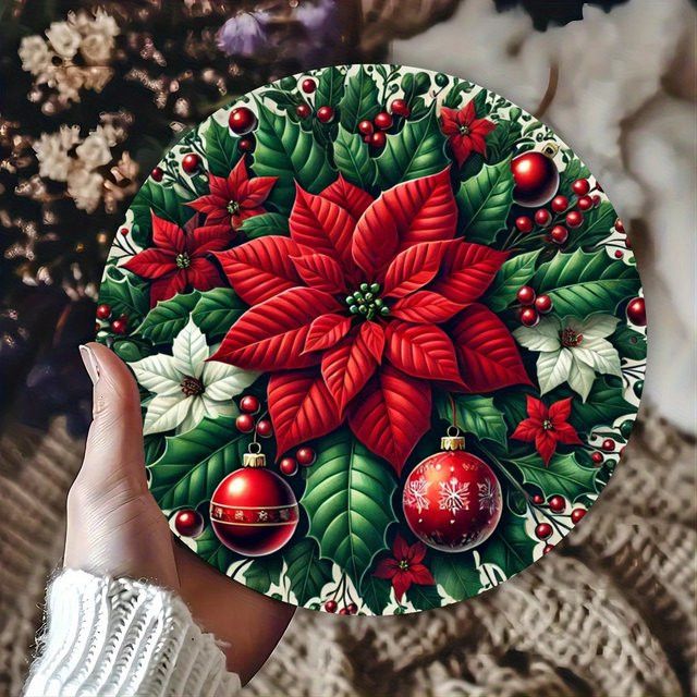 Potdemiel Weihnachts-Wandkunst aus Metall in Rot, rundes Eisenschild mit festlichem Design, Durchmesser: 20,3 cm - Bild 1