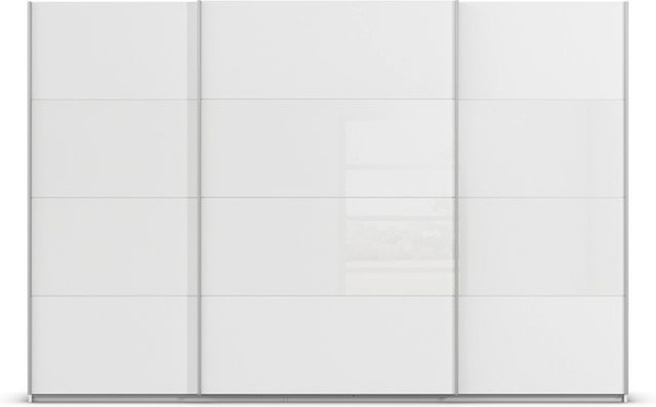 RAUCH ORANGE Quadra Schwebetürenschrank mit Glaselementen und integrierten Schubladen, Farbe: Weiß, B/T/H: 315 x 62 x 210 cm