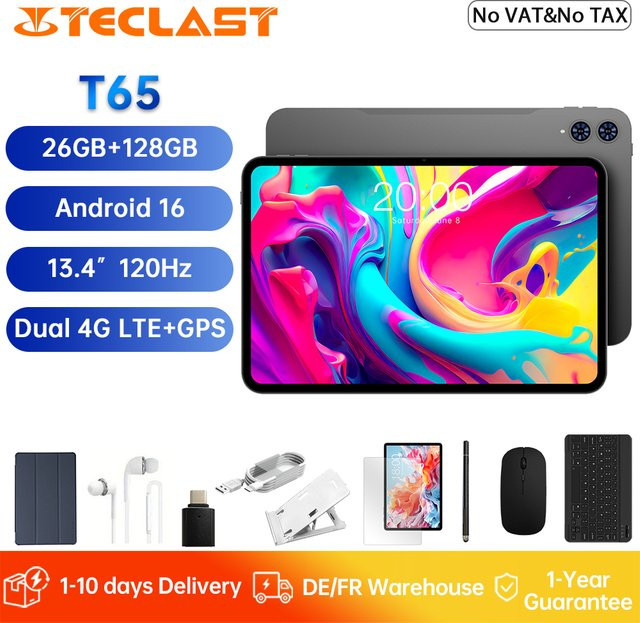 Teclast T65 Tablet Android 16, 13,4 Zoll Display, 6GB RAM, 128GB ROM, 120Hz, 1920x1200 IPS, 8-Core, Dual 4G LTE, 8000mAh, Type-C, GPS, Grau - Bild 1