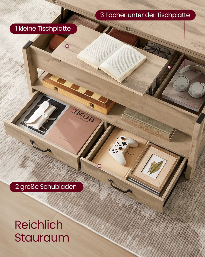 VASAGLE Couchtisch in Braun, höhenverstellbarer Wohnzimmertisch mit Gaszylinder, 2 Schubladen und 3 versteckten Fächern - Bild 3