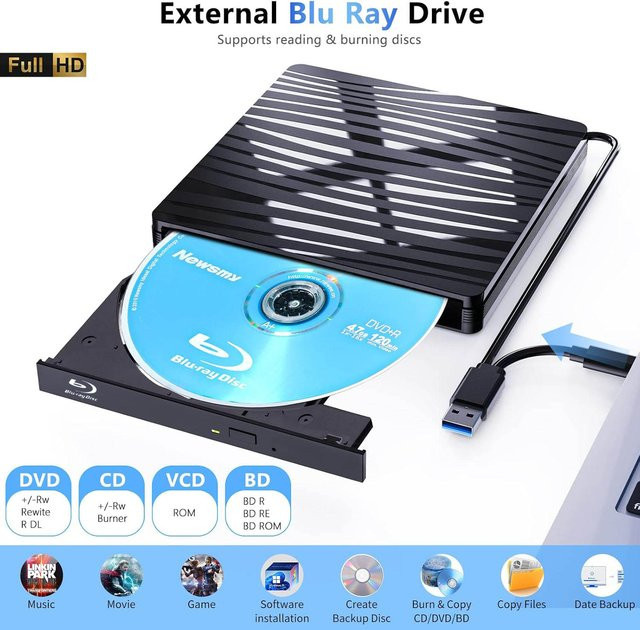 LJIAL Externes Blu-ray-Laufwerk mit USB 3.0, Tragbarer BD-RW-Brenner und DVD-CD-Player für Laptop und PC, Schwarz - Bild 1