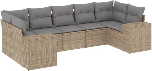 vidaXL 7-teilige Garten-Sofagarnitur in L-Form aus Poly-Rattan in Beige-Grau mit Sitzkissen und Rückenkissen - Bild 1