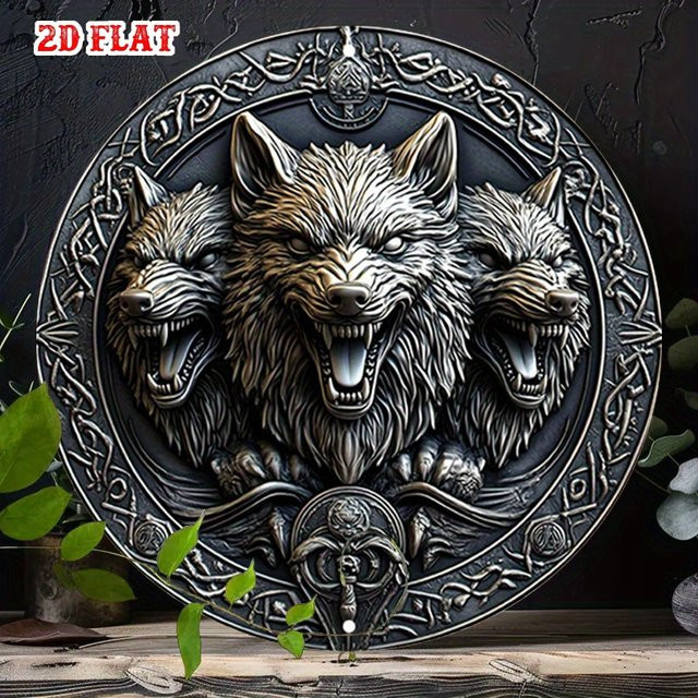 Rundes Aluminium-Metallschild CIFBUY mit Wolfs-Motiv in Grau im Vintage-Stil als Wanddekoration - Bild 1