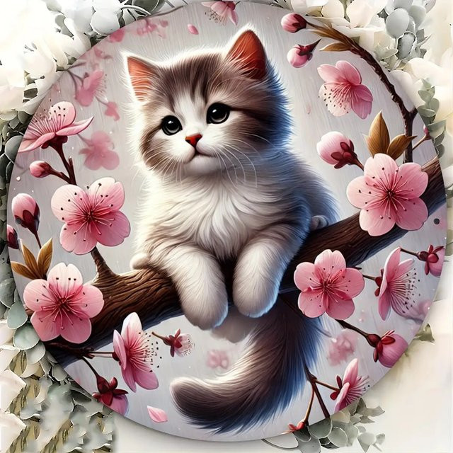 Rundes Metallschild Potdemiel im antiken Design mit weißer Tabby-Katze und rosa Kirschblüten, Durchmesser: 20 cm - Bild 1