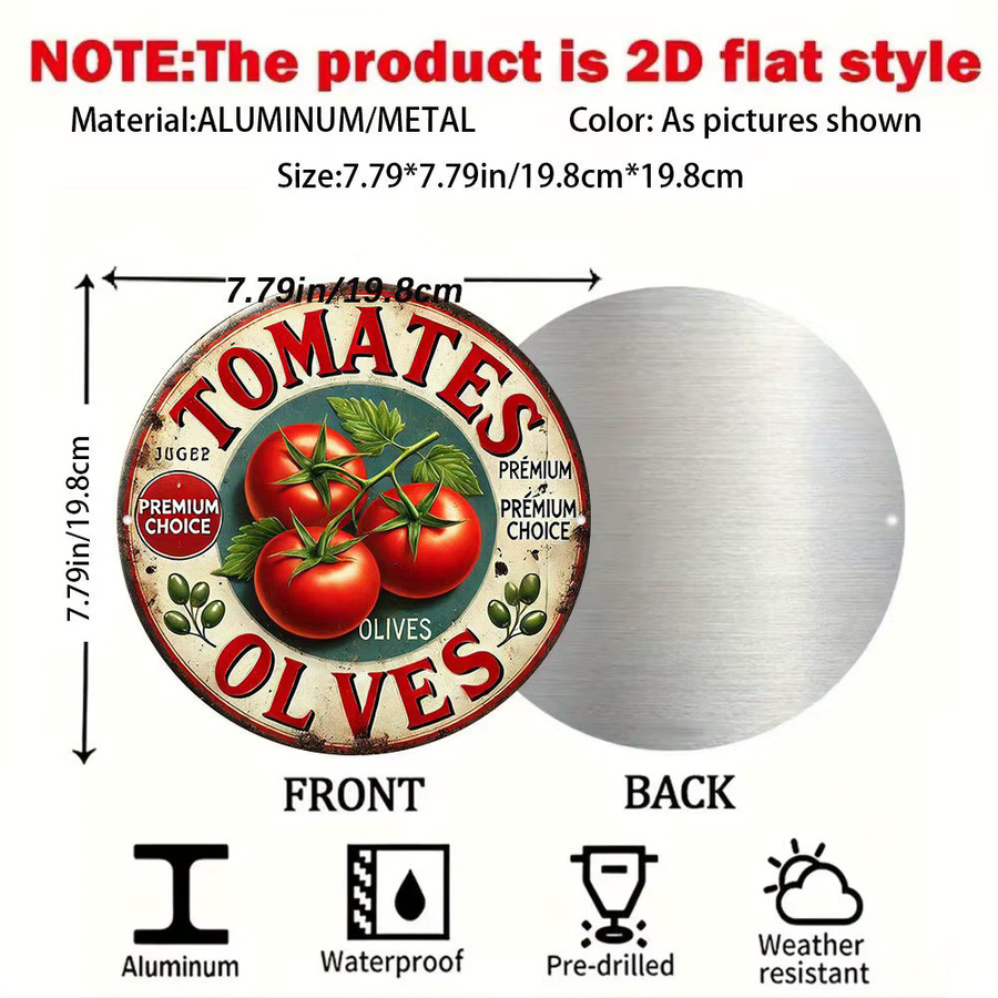 Potdemiel Wandkunstschild Tomaten und Oliven aus Metall im Vintage-Stil, runde mediterrane Küchendekoration in Rot und Grün, Durchmesser: 20 cm - Bild 4