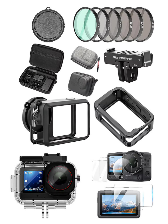 DJI Osmo Action 6 Zubehör-Set in Schwarz mit Displayschutzglas, Objektivdeckel, ND-Filtern, Rahmenkäfig, Unterwasser-Tauchkoffer und Aufbewahrungstasche - Bild 2
