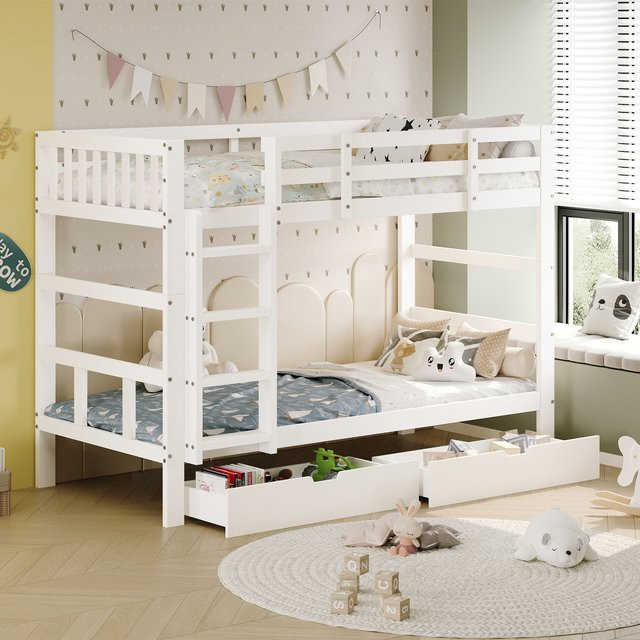 Rosahqnda Kinder-Etagenbett aus Massivholz mit 2 Schubladen, Multifunktionsbett in Weiß, B/T/H: 90 x 200 cm - Bild 1