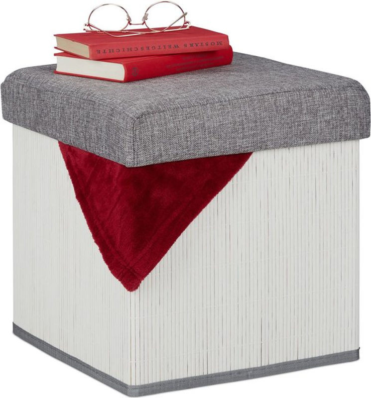 Relaxdays Sitzhocker mit Stauraum, gepolsterter Sitzwürfel aus Stoff und Holz, Weiß/Grau, B/T/H: 36 x 35 x 35 cm - Bild 1