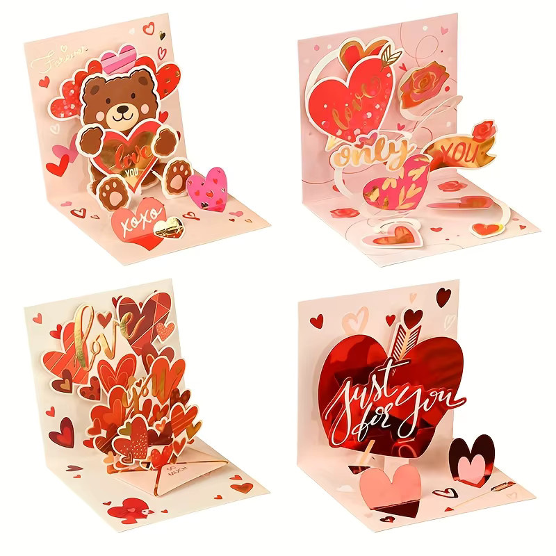 3D-Popup-Karte mit herzförmigem Bärenmotiv in Rosa und Rot mit Goldfolienprägung - Bild 5