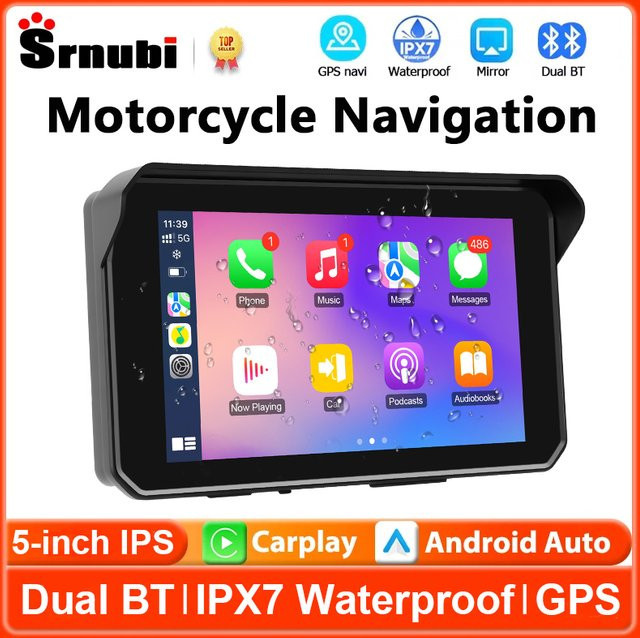 srnubi Tragbares 5-Zoll Motorrad-Navigationsgerät mit GPS, kabellosem CarPlay und Android Auto, Bluetooth, Moto-Monitor, TPMS-Unterstützung und IPX7 wasserdichtem Display in Schwarz - Bild 1