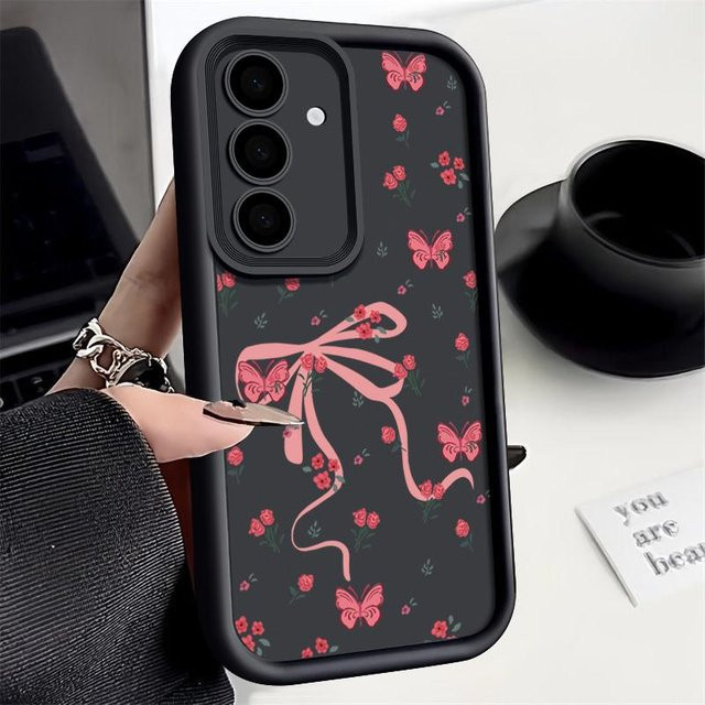 Rosa Handyhülle mit Blumen und Schleifen für Samsung Galaxy S24 S25 Ultra A56 A36 A26 A16 A55 A35 A15 A54 A34 S20 FE S21 S22 Plus S23 sowie weitere Modelle - Bild 1