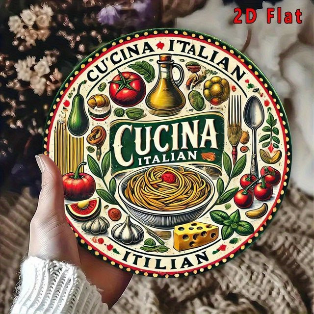 Rundes Aluminiumschild Potdemiel mit italienischem Essensthema und farbiger Illustration als Wandkunst aus Metall - Bild 1