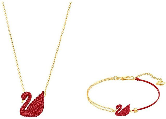 Swarovski Schmuck-Set, Halskette, Armband, Vergoldet, Rot, Damen - Bild 1
