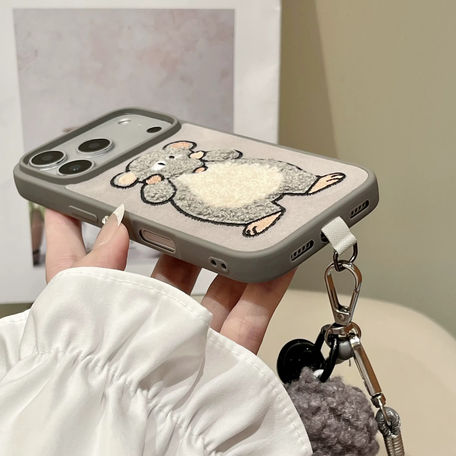 JINHR Cartoon Plüsch Handyhülle mit Wise-Maus Stickerei, Handschlaufe, Glocke und Trageband für iPhone 17 16 15 14 13 Pro Max, Grau/Silber - Bild 5