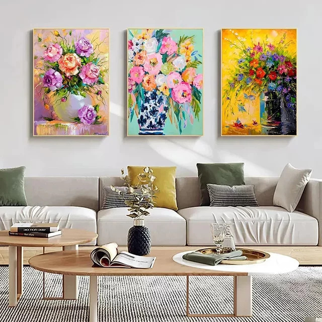 Abstraktes Blumendruck-Ölgemälde auf Leinwand von Potdemiel in Multicolour, Vintage Wandkunst mit floralem Design für dein Wohnzimmer - Bild 1
