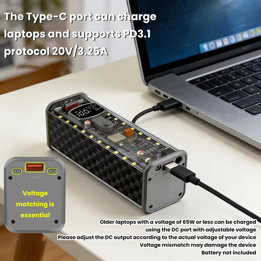 Gaqqee DIY Powerbank-Gehäuse Set Transparent mit LED-Licht, PD65W PD45W Schnellladefunktion für 8 Zellen 18650 Akkus, Schwarz - Bild 2