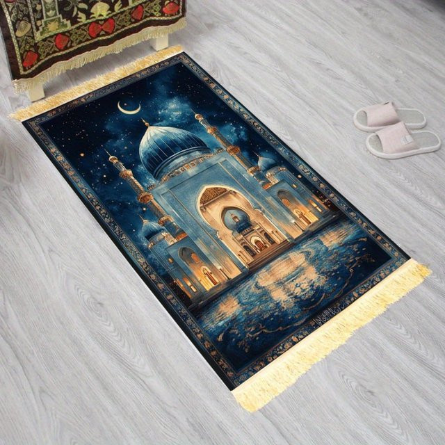 VIKAMA Gebetsteppich aus Polyester in Blau mit orientalischem Design - Bild 1
