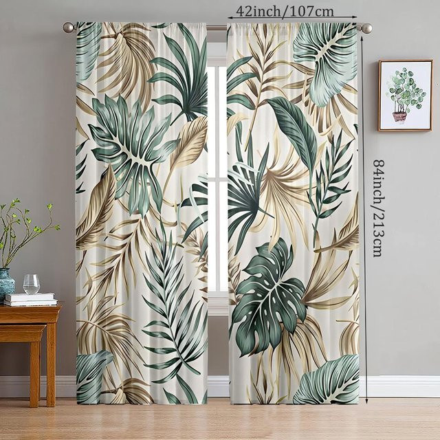 2er-Set Yiran Furniture Dekorative Vorhänge mit Blattmuster in Hellgrün aus Polyester, Semi-transparent, B: 35 cm, H: 100 cm - Bild 1
