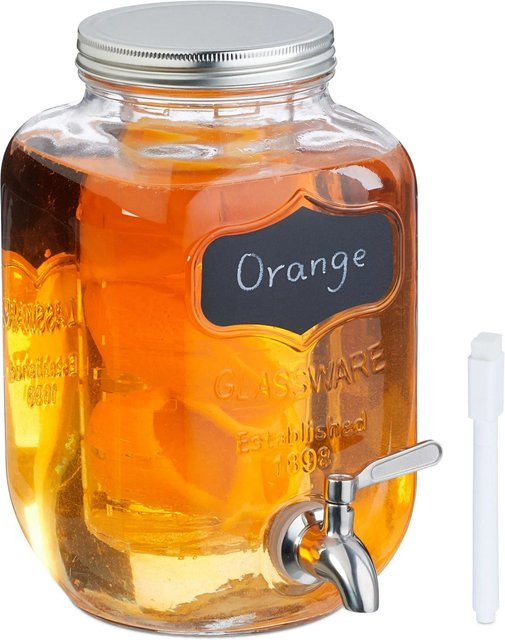 Relaxdays Getränkespender aus Glas in Transparent mit silbernem Zapfhahn und Fruchteinsatz, Volumen: 4 l - Bild 1