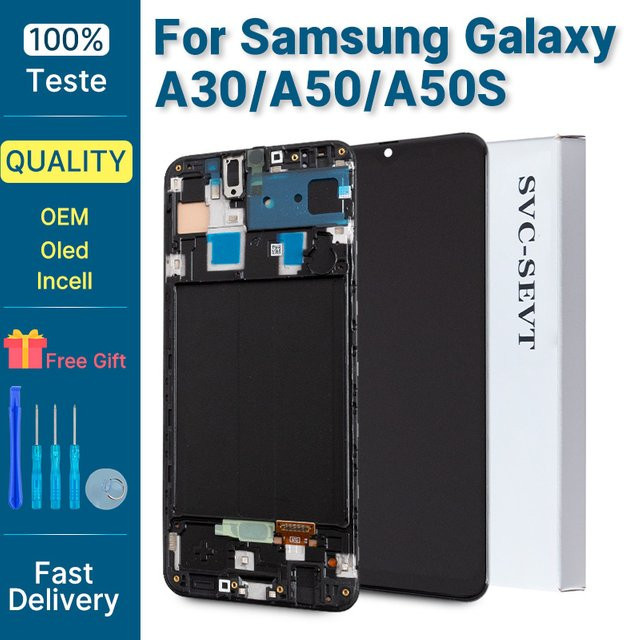 Samsung OLED-Bildschirm mit Rahmen und Touchscreen-Digitizer-Baugruppe für Galaxy A50 und A30 in Schwarz - Bild 1
