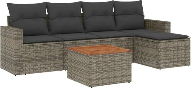 vidaXL 6-tlg Garten-Sofagarnitur Modell 30 aus grauem Poly-Rattan mit Kissen und Akazienholz - Bild 1