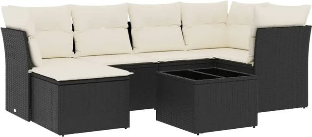 vidaXL 7-teilige Garten-Sofagarnitur in L-Form mit Kissen und Ottoman, Schwarz, Poly-Rattan mit Metallgestell - Bild 1