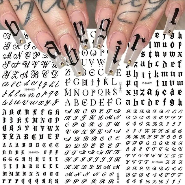 MingLee Nagelaufkleber, 6 Stück Set, Schwarz, 3D Retro Alphabet, Glänzend - Bild 1