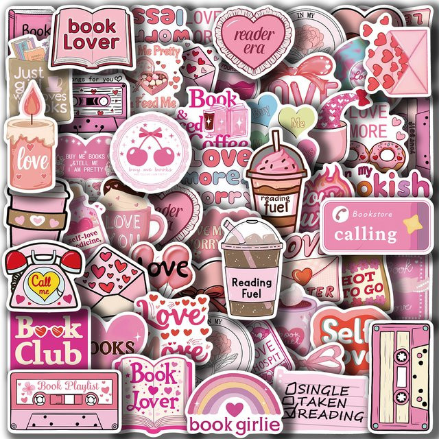 50 Stück Bookish Lover Vinyl-Aufkleber in Rosa und Multicolour mit Buchmotiv für Notizbücher, Wasserflaschen und Gepäck - Bild 1