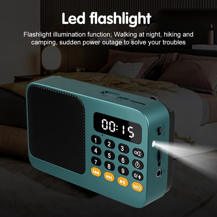 Tragbarer Bluetooth-Lautsprecher und FM-Radioempfänger von Ockkic in Grün mit LCD-Display, LED-Taschenlampe und USB- sowie TF-Musikplayer - Bild 2